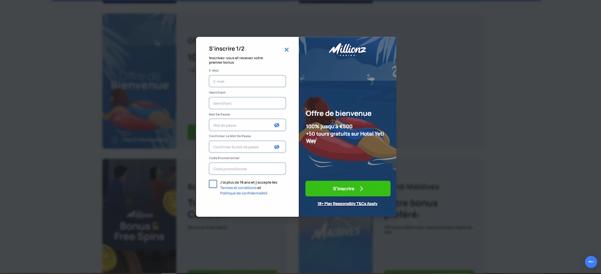 Aperçu du formulaire d'inscription rapide pour créer un compte joueur sur Millionz.